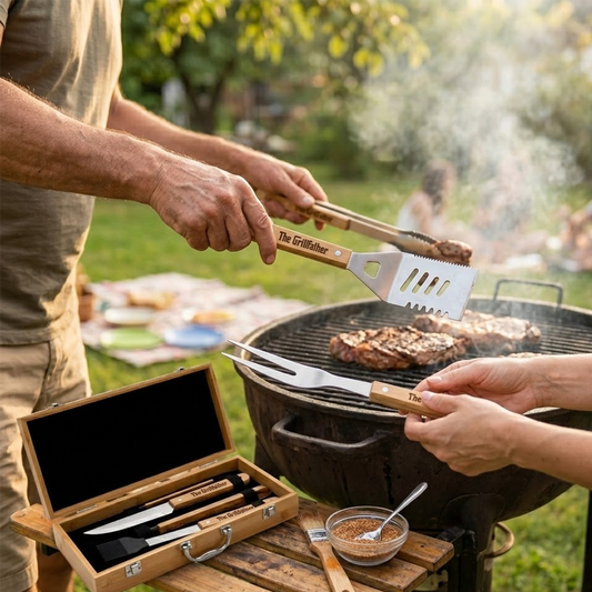 Person using The Grillfather BBQ tongs to flip steaks on a backyard charcoal grill.