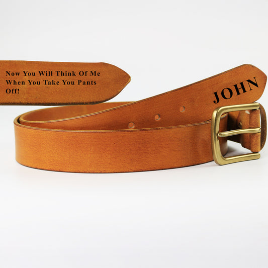 Brown leather belt with gold buckle and engraved name on a white background