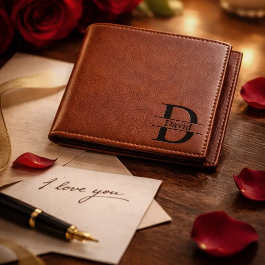 Leather Bifold Wallet in full-grain tan leather, custom-engraved for gifts, featuring RFID protection and burnished edges.