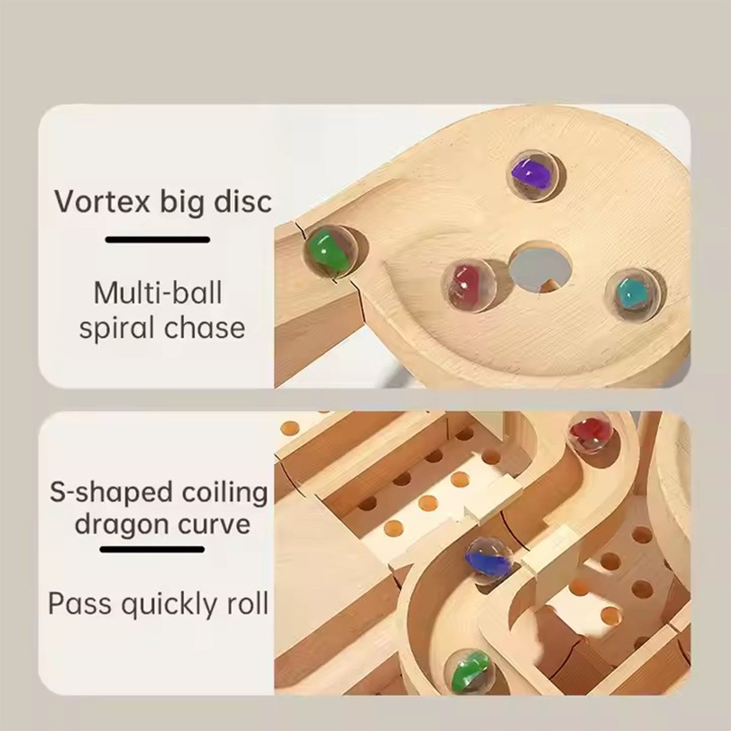 Wooden ball track with labeled features on a beige background