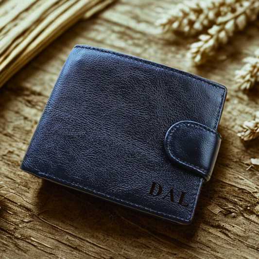Blue leather wallet with a button lock and 'DAL' engraved on it on a wooden surface