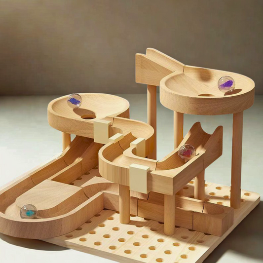 Wooden marble run toy with marbles on a neutral background