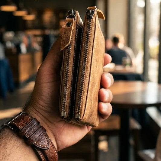 Double zip leather clutch wallet for men in distressed tan, personalized handmade leather goods for travel and daily organization.