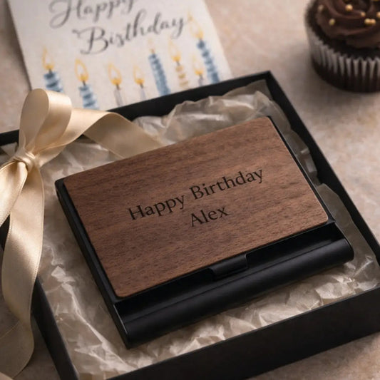Personalized wooden business card holder engraved with “Happy Birthday Alex” presented inside a luxury black gift box with ribbon, birthday card, and cupcake in a cozy celebration setup.