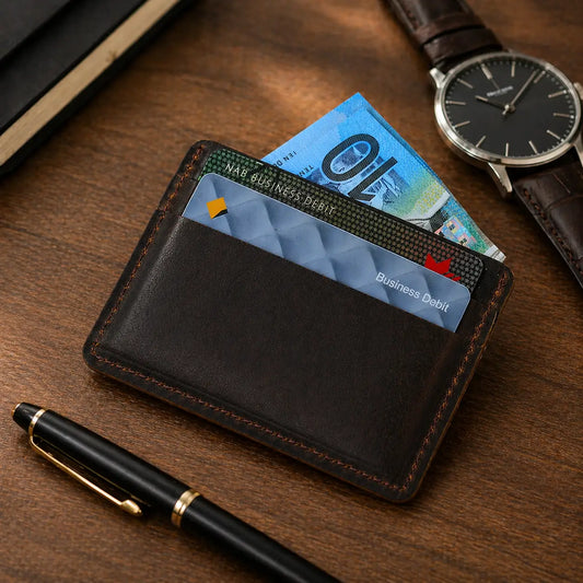 Minimalist dark brown leather card holder on a wooden desk with a luxury watch, fountain pen, and Australian currency.
