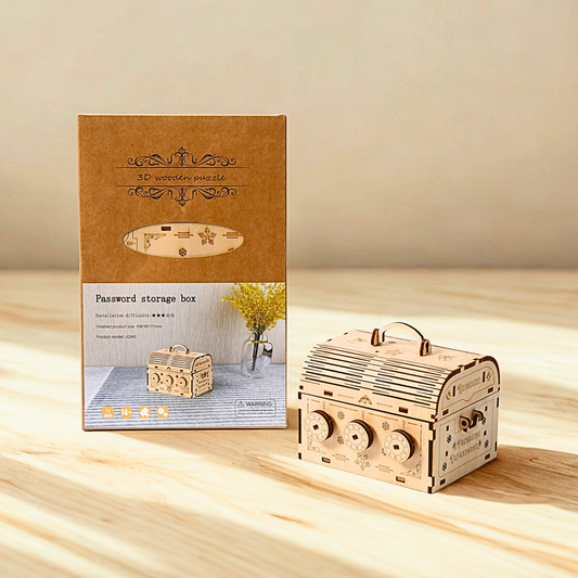 Wooden puzzle coding box and packaging on a wooden surface