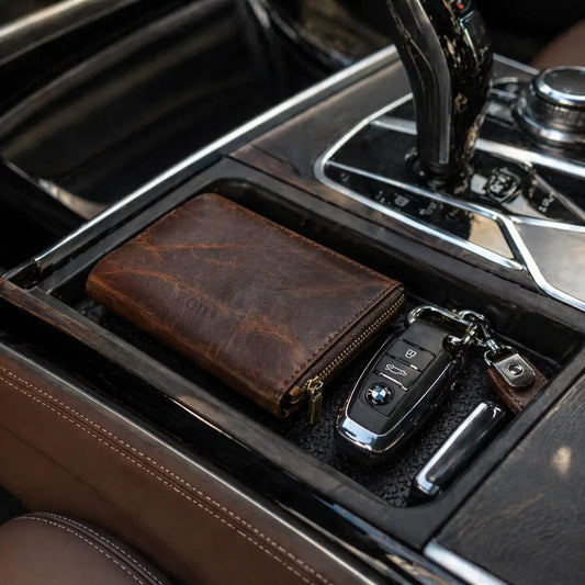 Leather Zipper Wallet in dark espresso full-grain leather, featuring a secure wrap-around zip and custom name engraving.