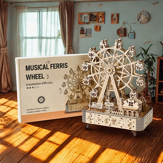 Wooden musical Ferris wheel model puzzle with packaging on a wooden floor