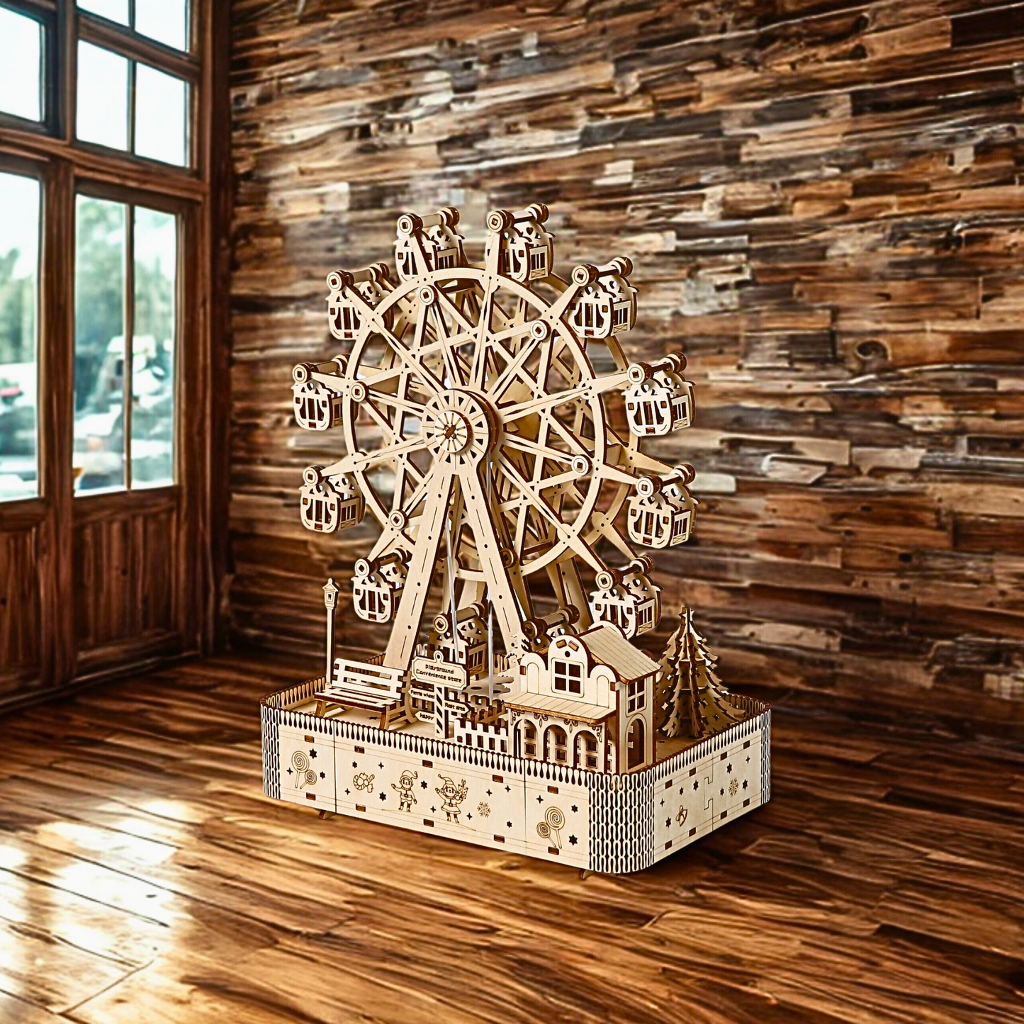 Wooden model of a Ferris wheel on a wooden floor with a wooden wall background