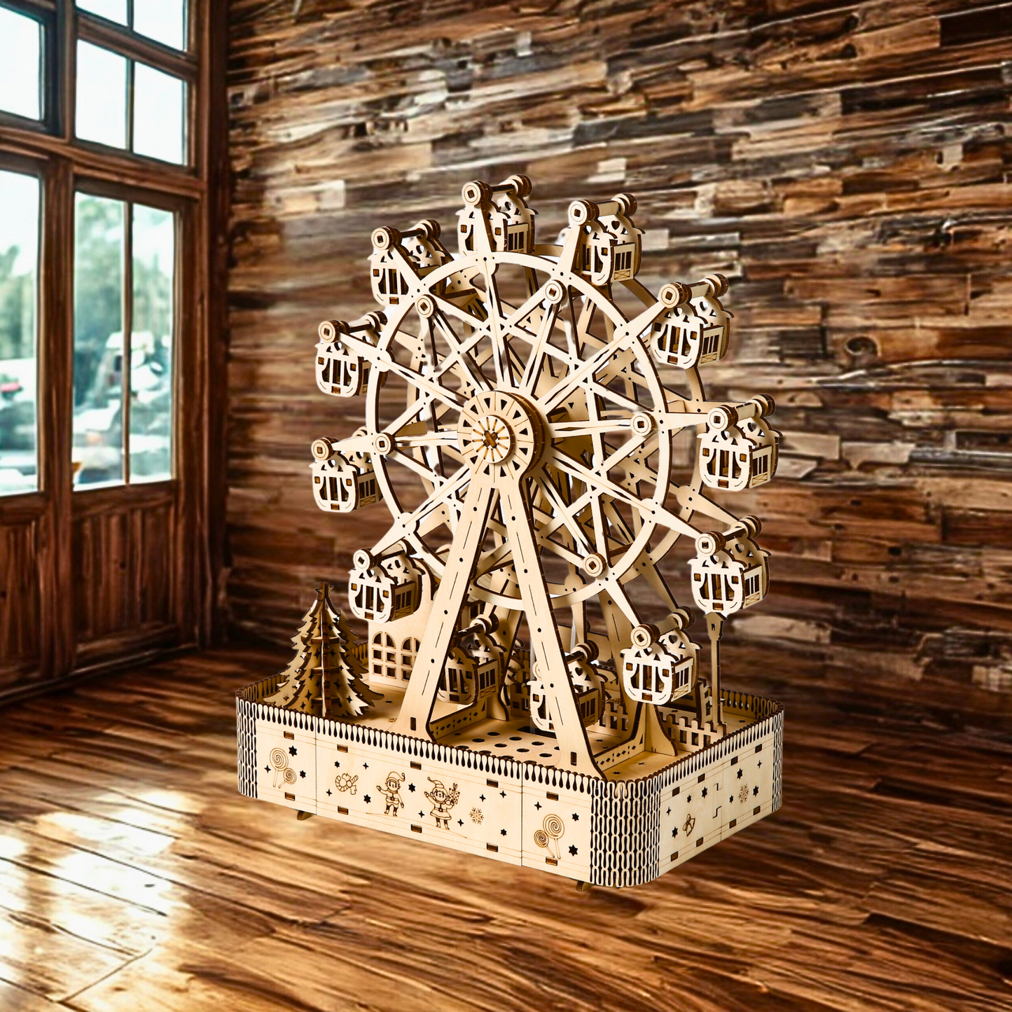 Wooden model of a Ferris wheel puzzle against a wooden wall.