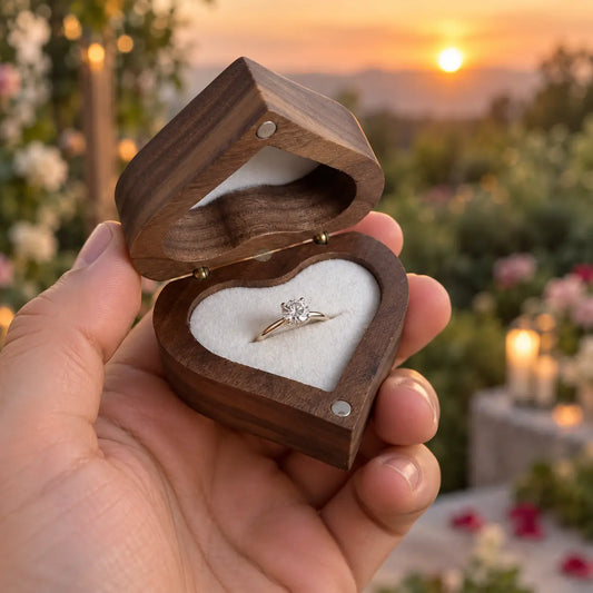 Heart-shaped wooden engagement ring box held in hand with white velvet interior and ring displayed inside.