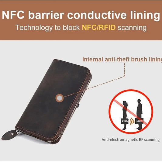 Black wallet with NFC barrier conductive lining features on a gray background