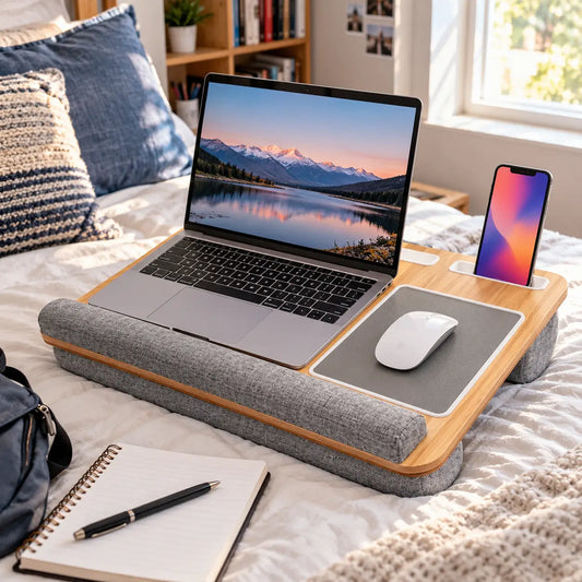 Bamboo laptop lap desk with grey cushion, open laptop, mouse and smartphone on a bright bed with notebook, pen and bookshelf in the background.