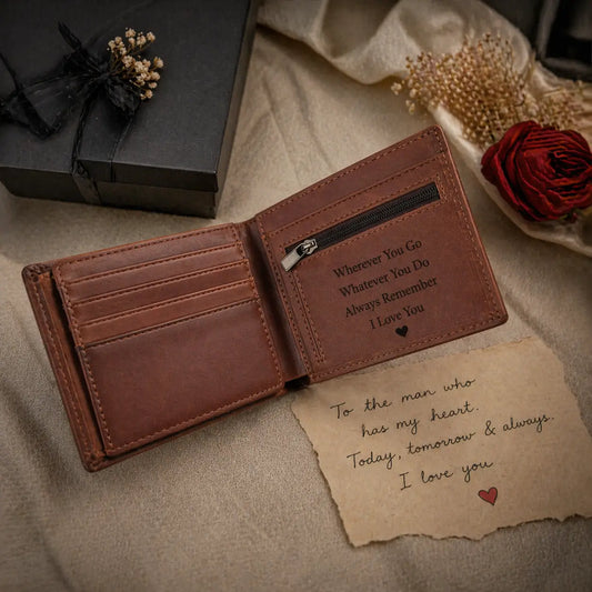 Custom engraved anniversary gift for him, featuring a handcrafted brown leather wallet with a sentimental laser-etched message, premium gift packaging, and a decorative red rose.