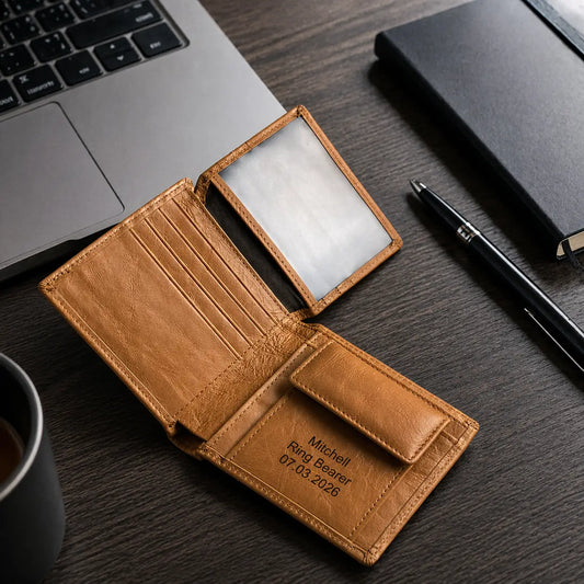 Tan leather trifold wallet interior view highlighting organized card slots, a snap coin pocket, and custom laser engraving, shown next to a laptop and notebook.