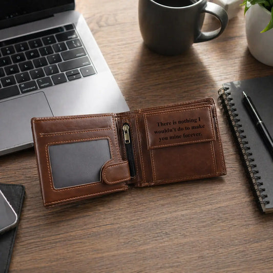 Personalized brown leather bifold wallet for men featuring an ID window, a central zipper coin pocket, and a custom engraved romantic message.