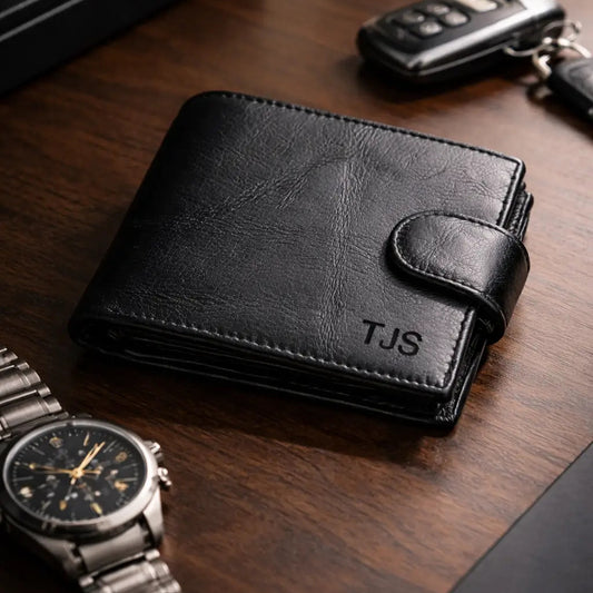 Leather Bifold Wallet in dark mocha full-grain leather, displaying a slim profile and technical hand-stitched edges.