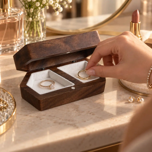 Wooden wedding ring box with white inserts as a hand places a ring inside for an elegant engagement or wedding presentation.