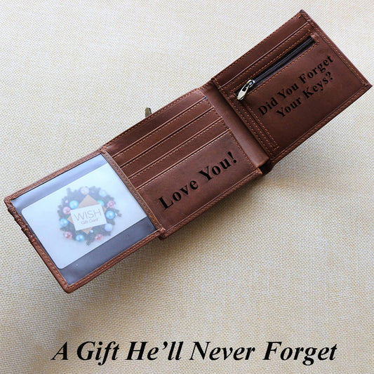 Brown leather trifold wallet with engraved text on a beige background