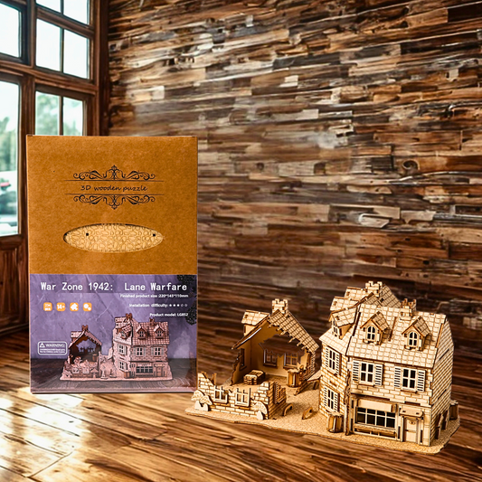 Wooden model of a war house puzzle next to its packaging on a wooden floor with a wooden wall background