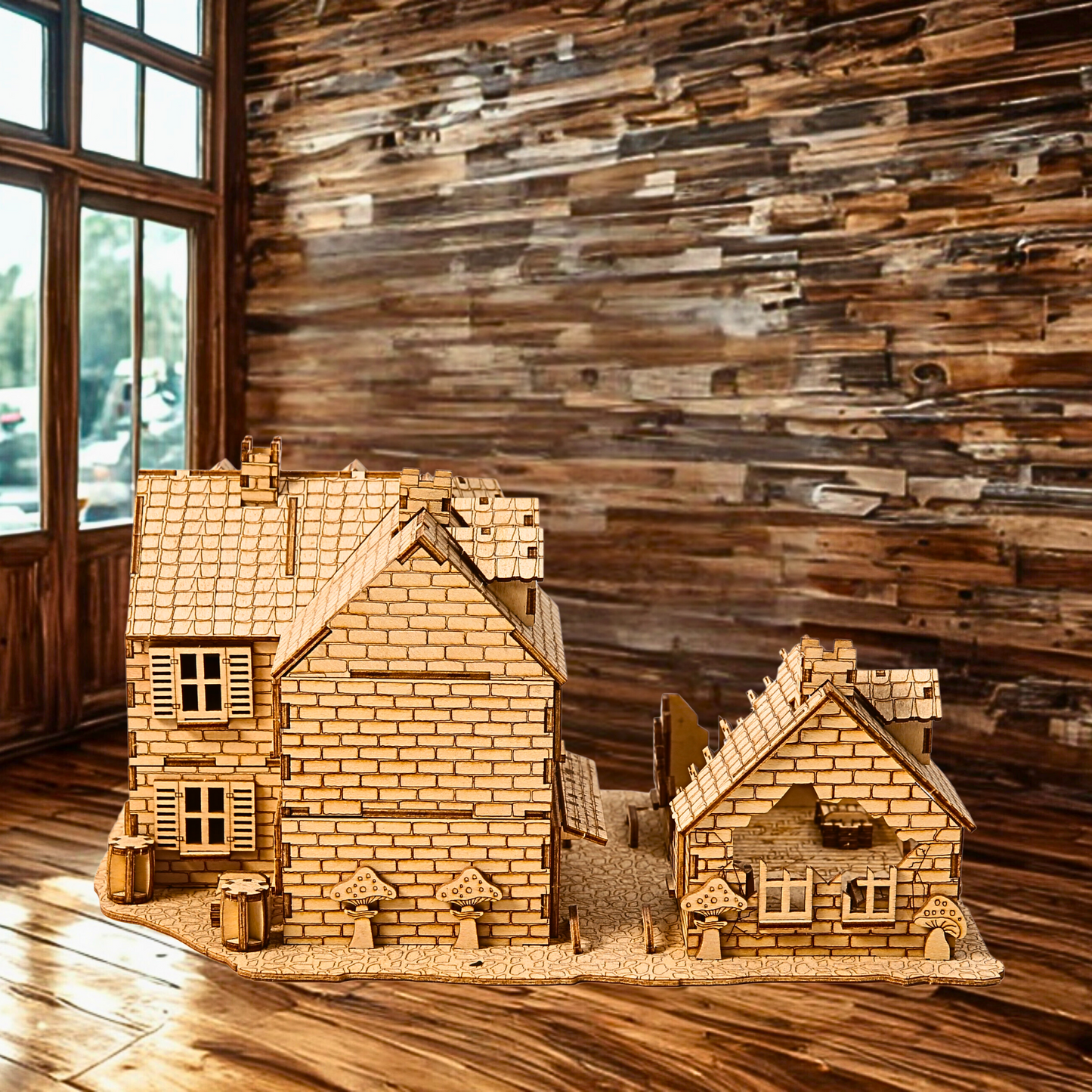 Wooden model of a house on a wooden floor with a wooden wall background