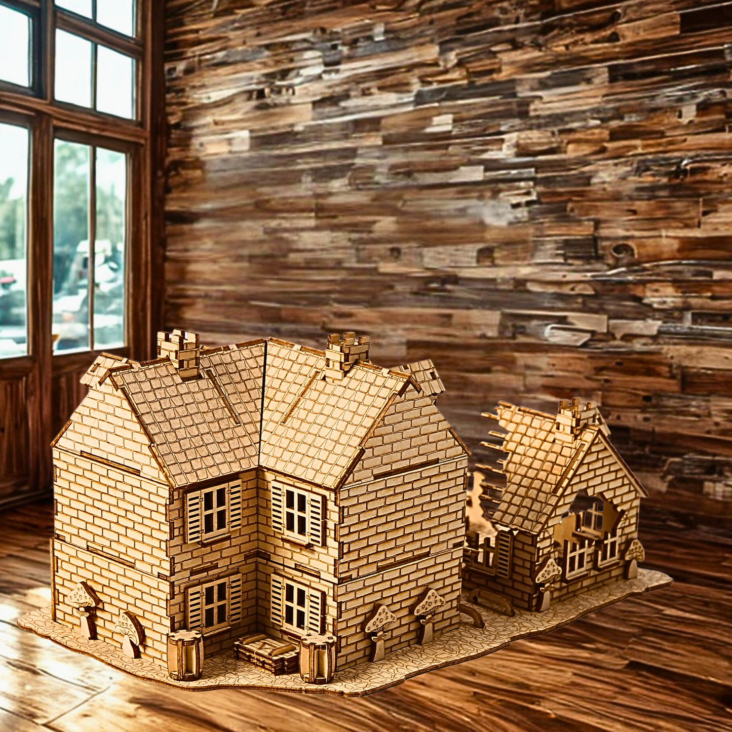 Wooden model war house puzzle on a wooden floor with a wooden wall background