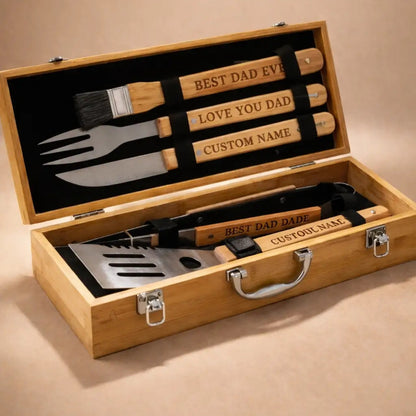Personalised 5-Piece BBQ Tool Set with Bamboo Gift Case