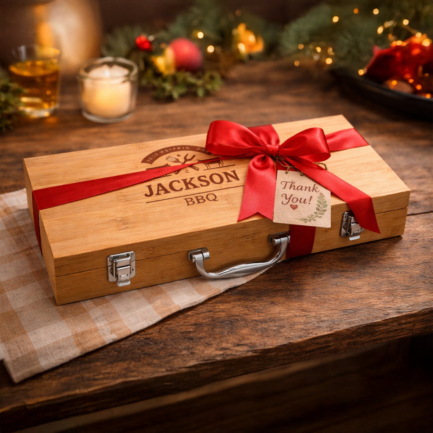 The Grillfather BBQ set in its bamboo box wrapped with a gift ribbon for Father's Day.