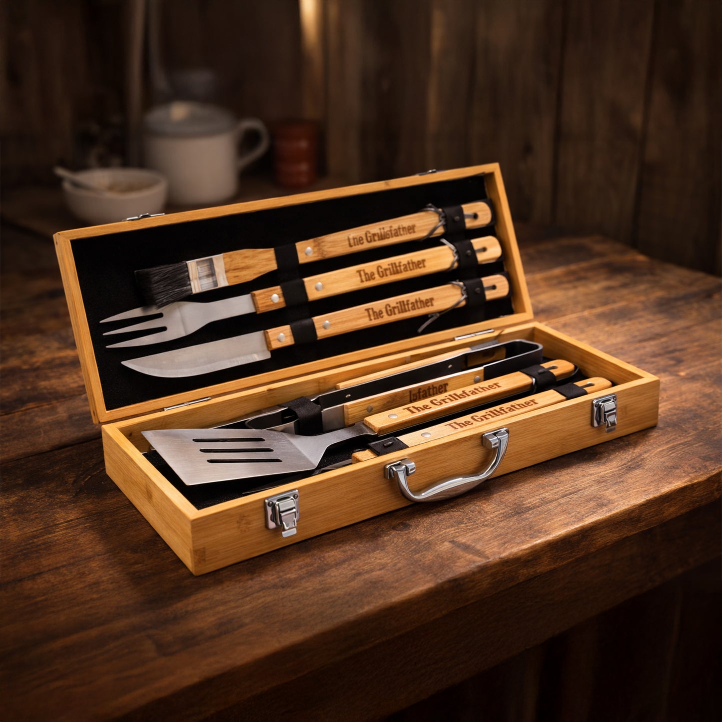 5-piece stainless steel BBQ tool set with bamboo handles engraved with The Grillfather in wood case.