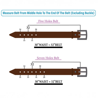 Measurement guide for leather belts with different hole counts on a white background