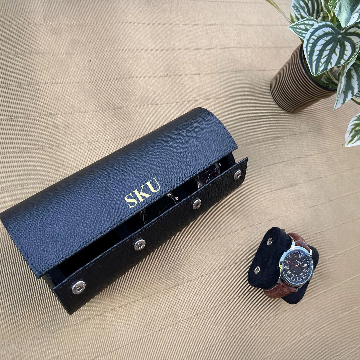 Black Saffiano Leather Watch Roll