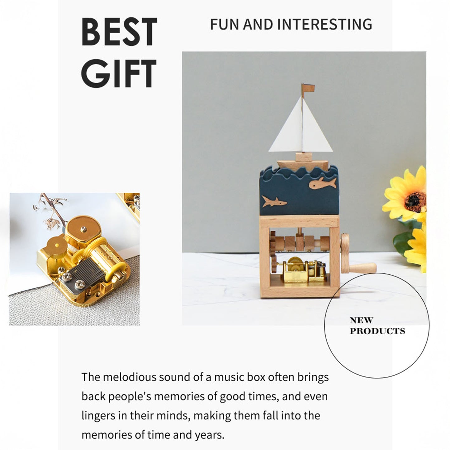 Wooden Sailboat Hand Cranked Music Box