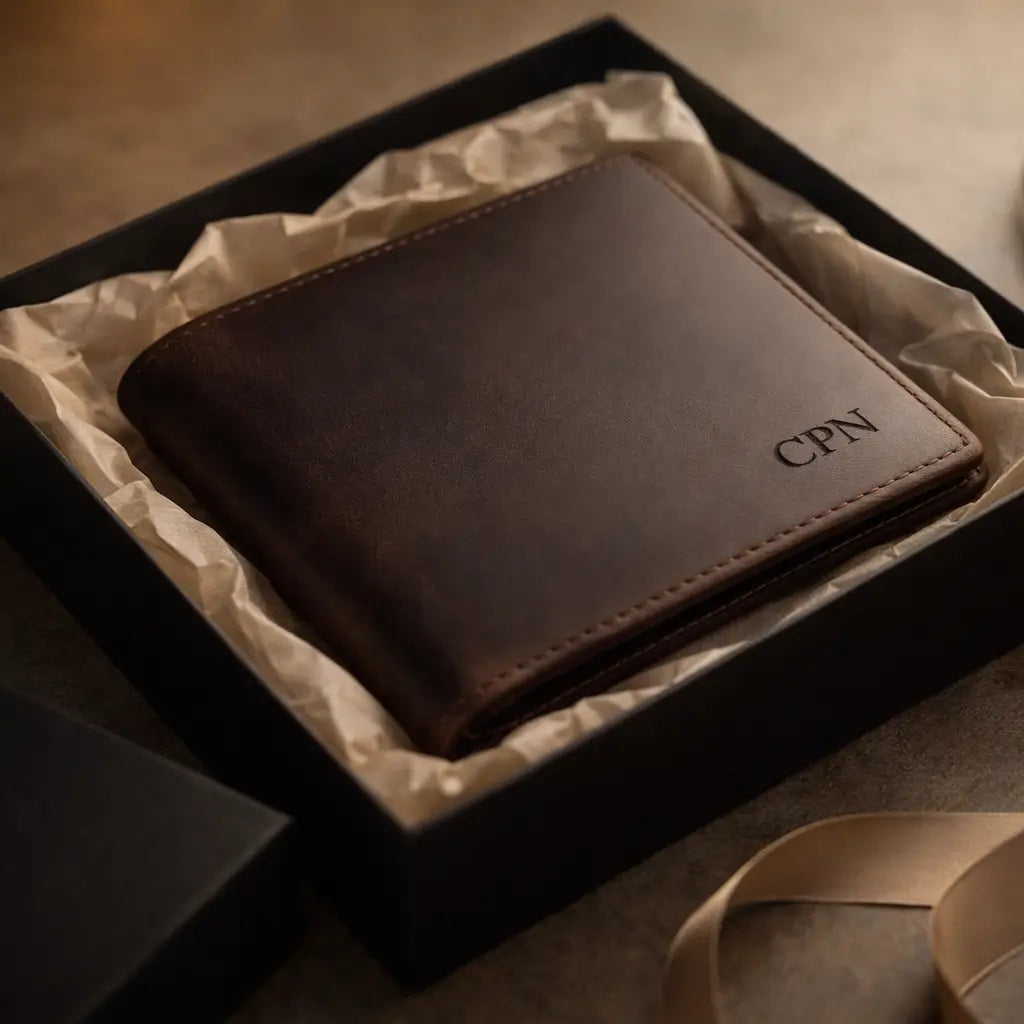 Leather Bifold Wallet in dark espresso full-grain leather, gift-boxed with custom CPN monogram and RFID-blocking security.