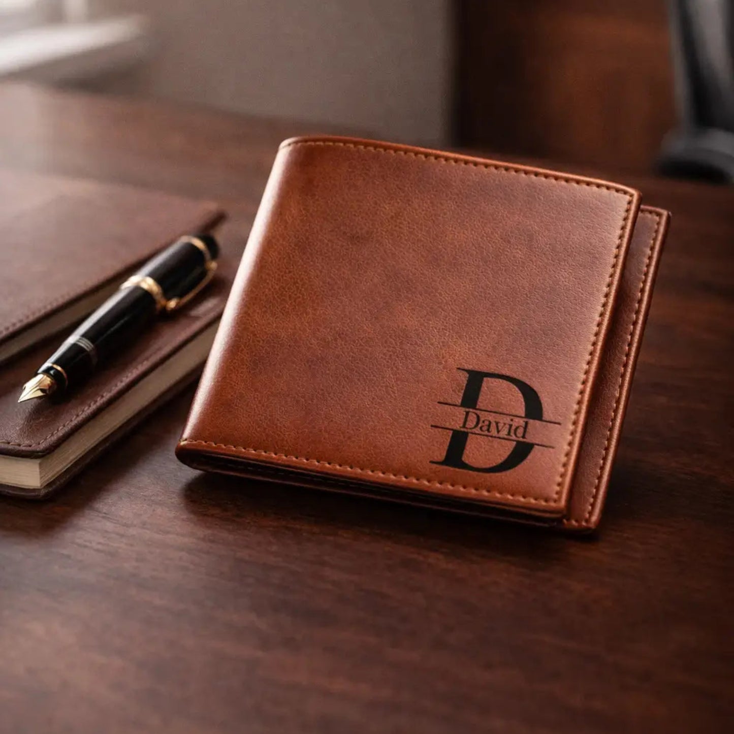 Leather Bifold Wallet in full-grain timber-toned leather on a mahogany desk, showing custom laser engraving and RFID tech.