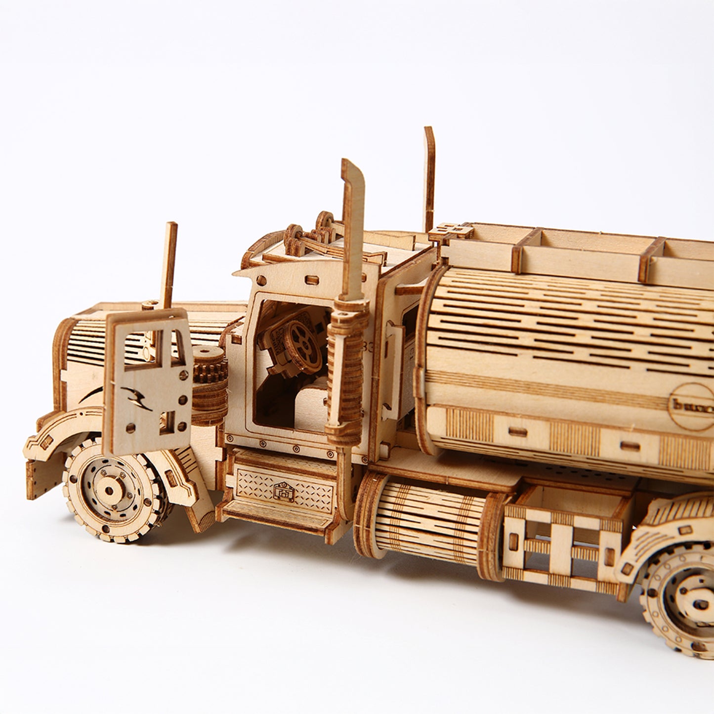 Wooden model of a truck on a white background