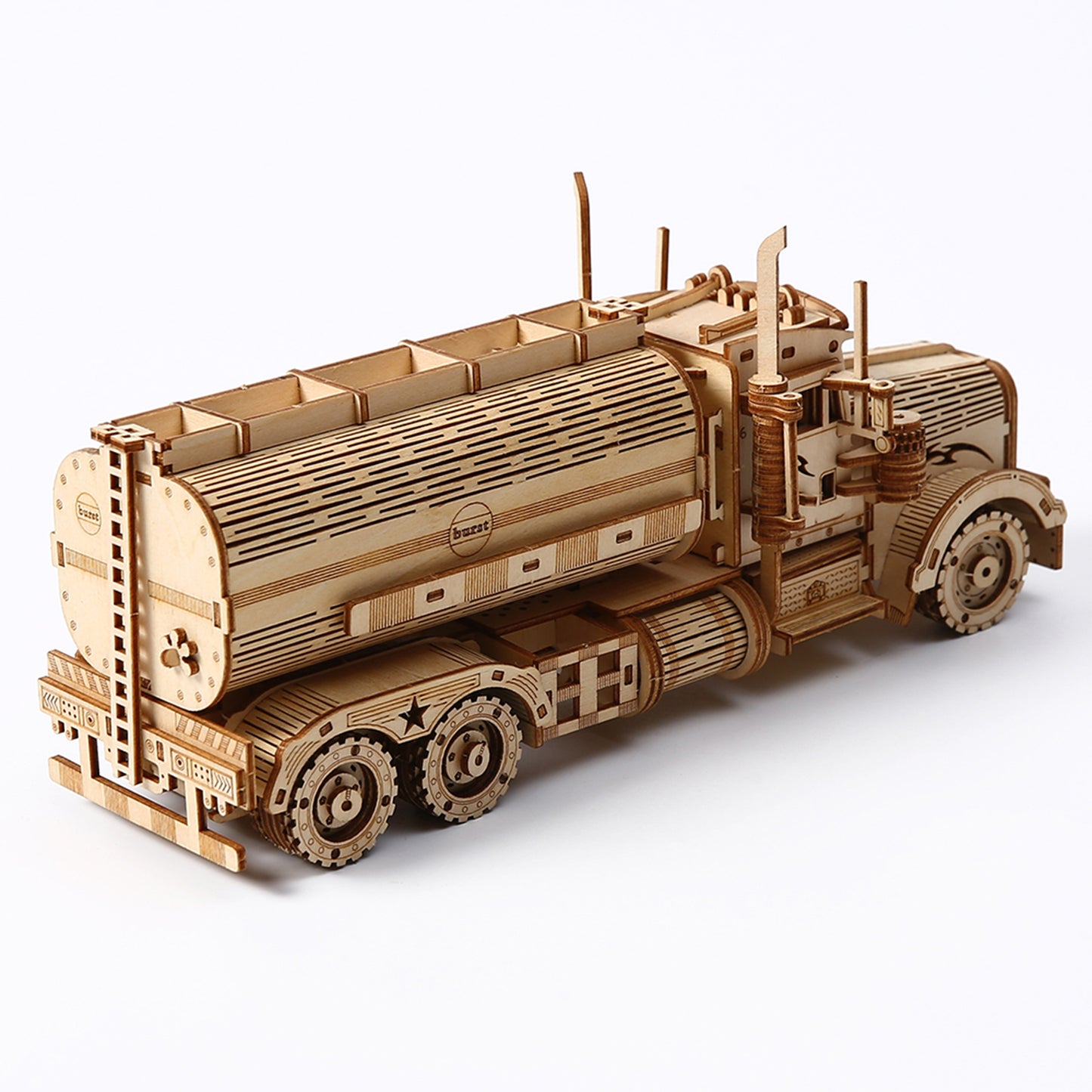 Wooden model of a truck on a white background