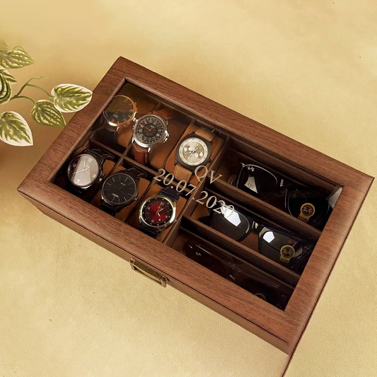 A personalised wooden watch organizing box with sunglasses.to organize the accessories.