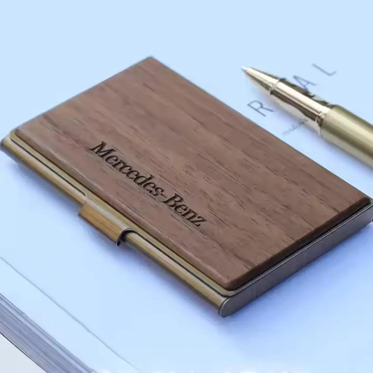 A personalised wooden business card holder. used as a table organizer to keep all important cards.