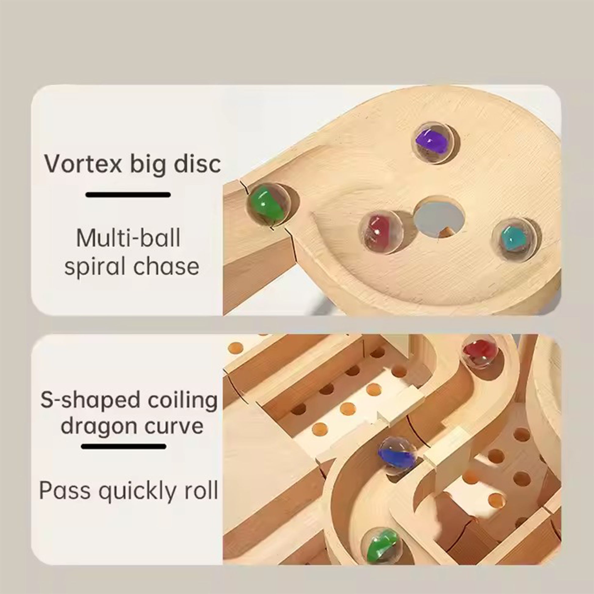 Wooden ball track with labeled features on a beige background