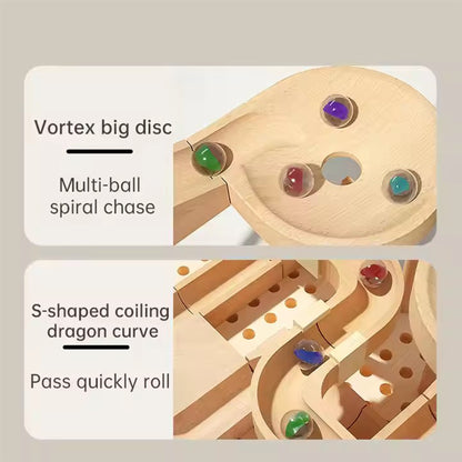 Wooden ball track with labeled features on a beige background