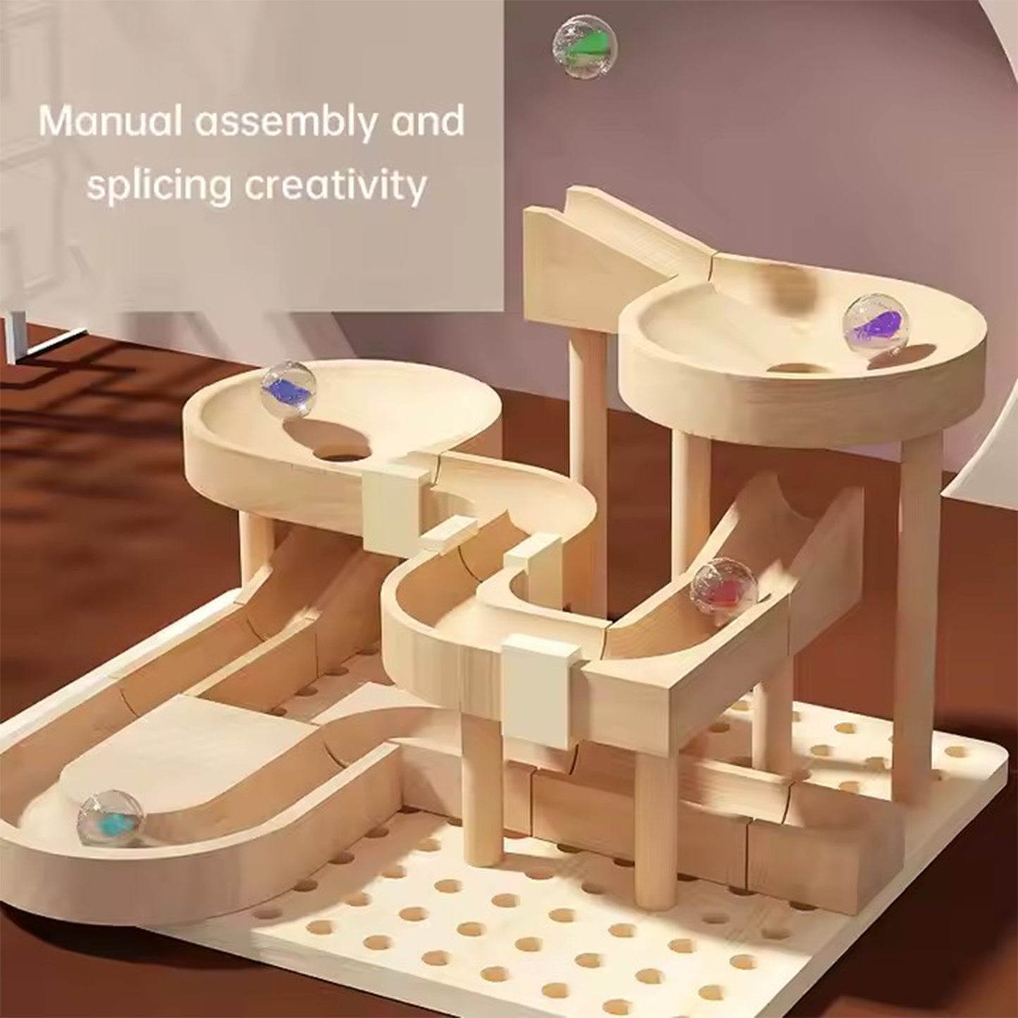 Wooden marble run toy with marbles on a brown surface