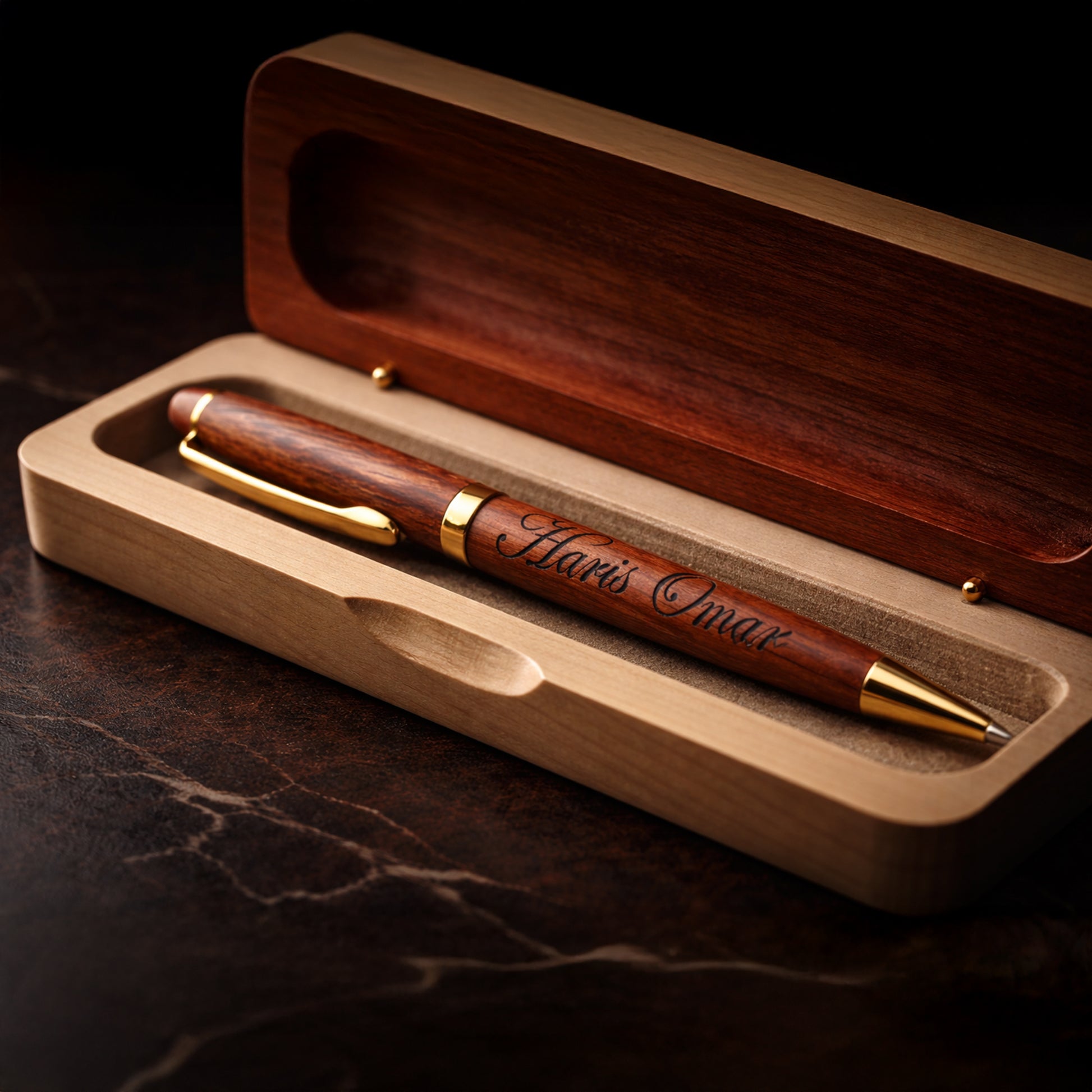 Personalized Wood Pen and Engraved Wooden Gift Box Set - Natural Timber Finish