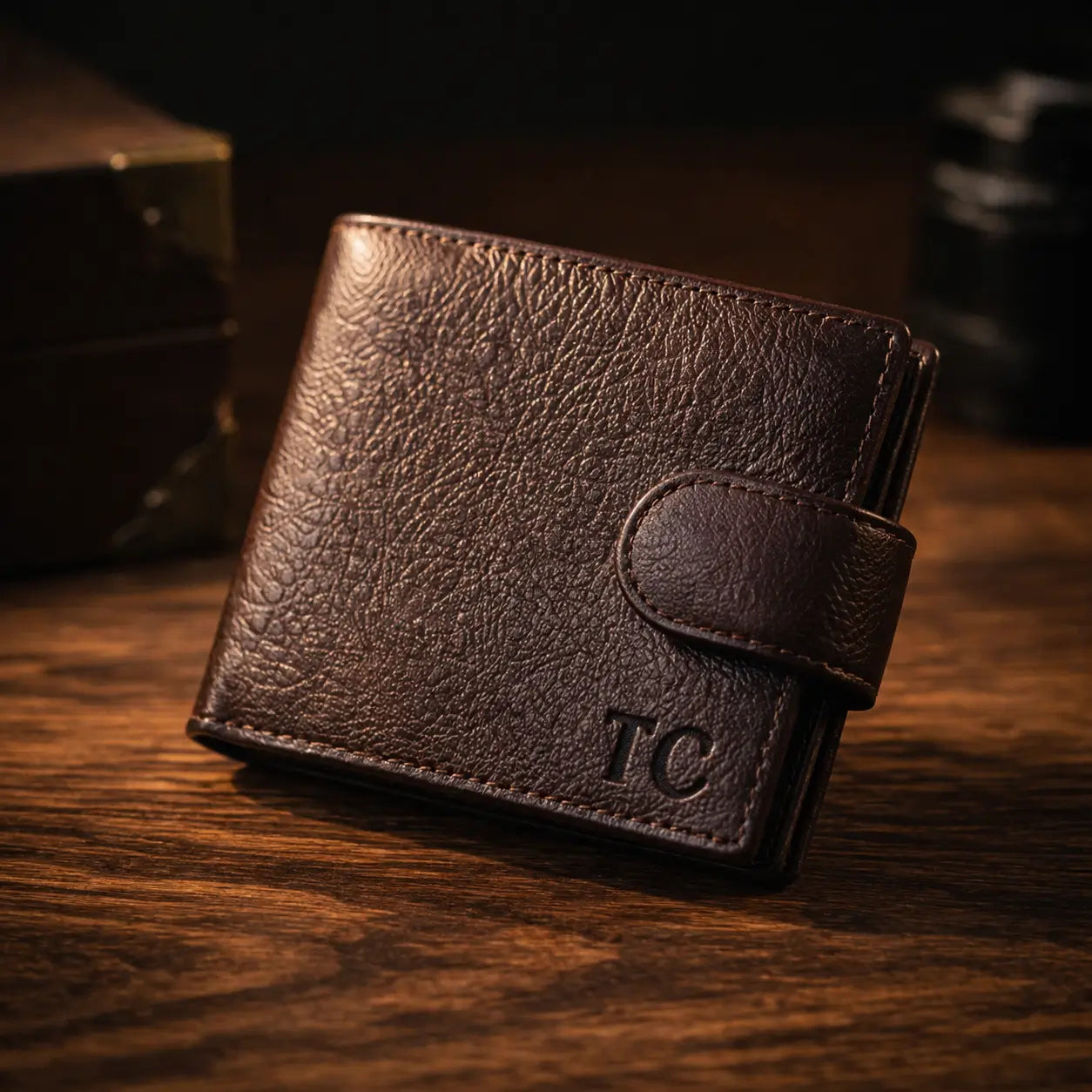 Leather Bifold Wallet in pebbled espresso full-grain leather with a secure tab closure and custom TC initials.