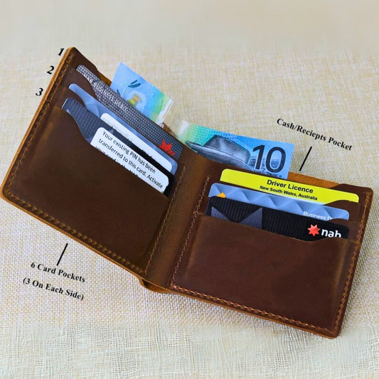 Brown leather wallet with card pockets and cash/receipts pocket on a beige fabric background