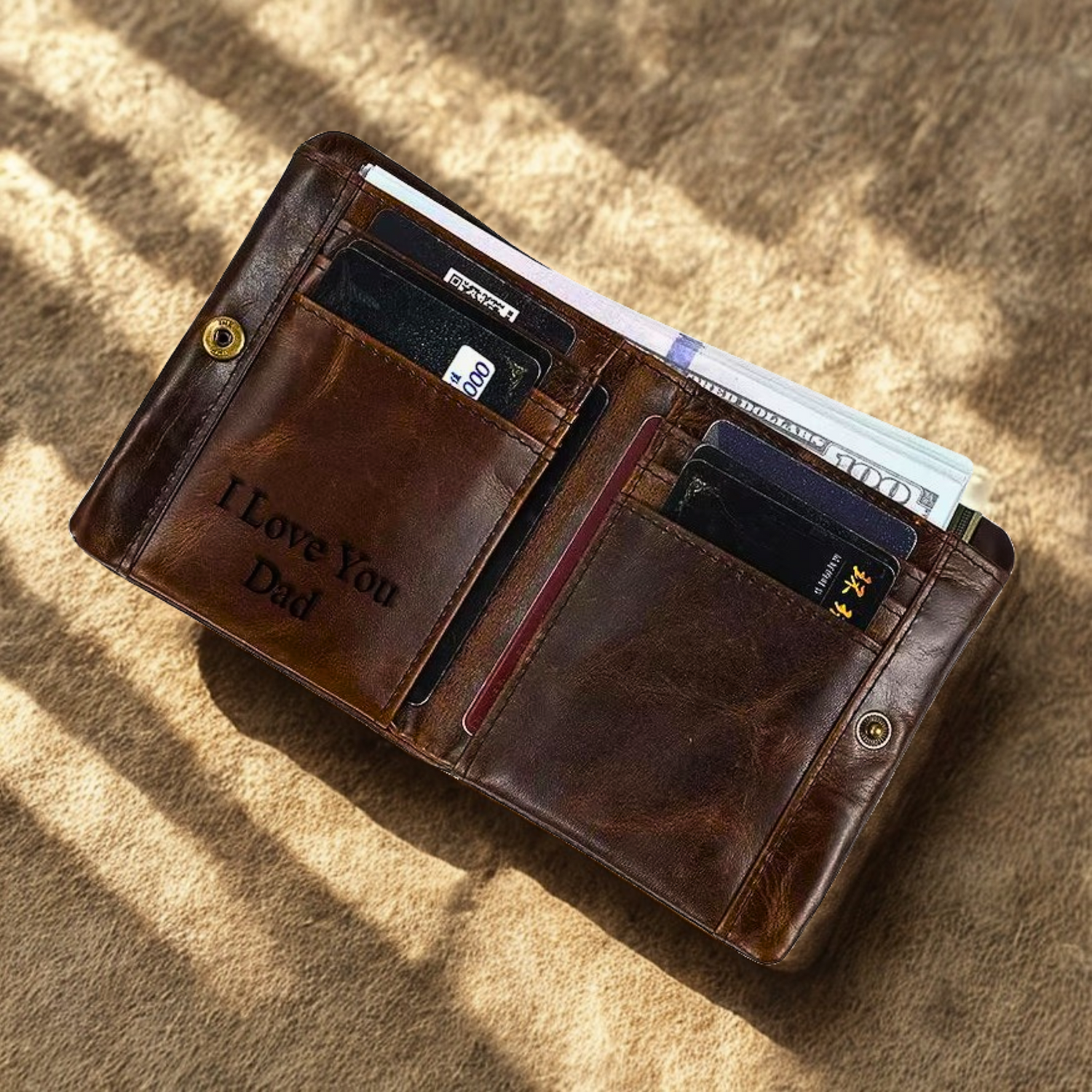 Brown vertical bifold leather wallet with 'I Love You Dad' engraving on a textured surface