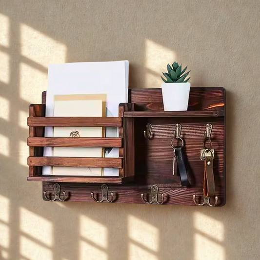 Rustic Wooden Entryway Shelf with Hooks