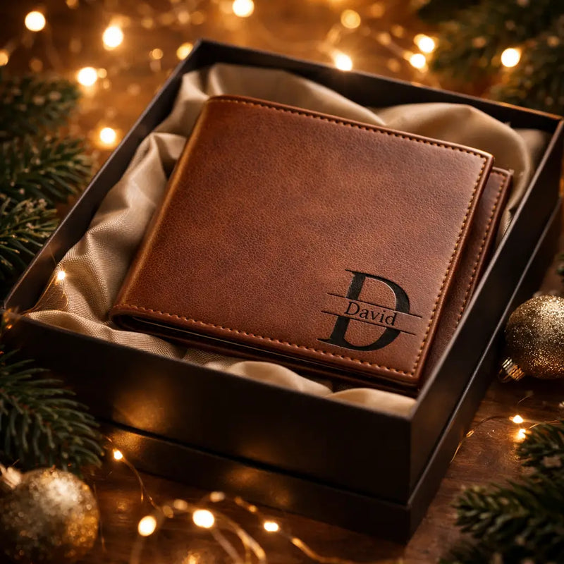 Leather Bifold Wallet in full-grain cognac leather, gift-boxed with laser-engraved monogram and RFID-blocking security.