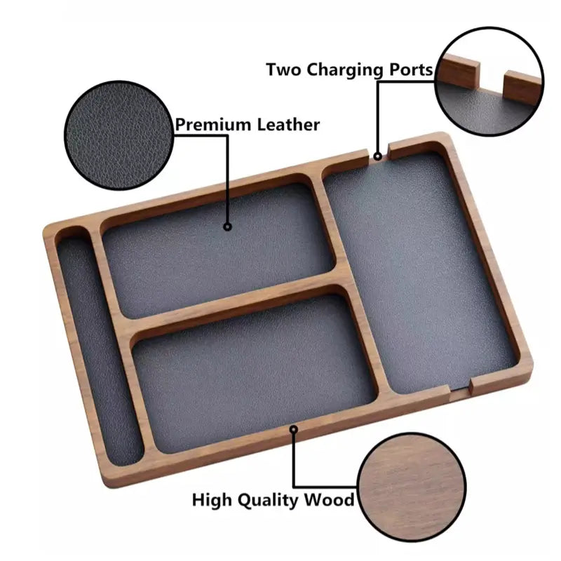 Top-down dimension diagram of wooden desk organizer tray 11.75 by 7.75 inches with four compartment measurements