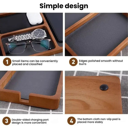 Overhead product shot of wooden valet tray with labels showing dual charging ports premium leather and high quality wood