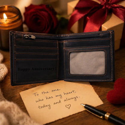 Custom engraved anniversary gift for him featuring a handcrafted brown leather wallet with a sentimental laser-etched message, luxury gift packaging, and decorative rose.